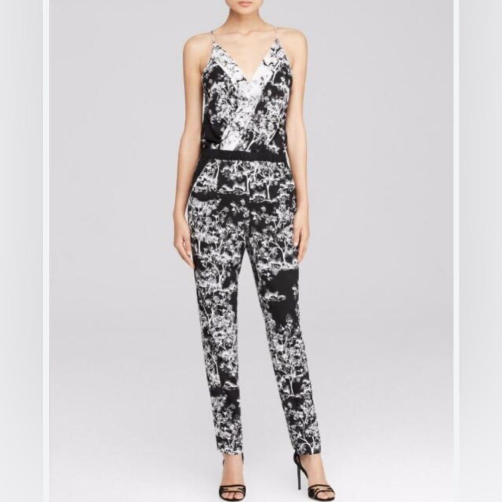 DVF Diane von Furstenberg Shanty Two Silk Black White Floral Jumpsuit Size 2